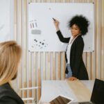 Confident businesswoman leading a presentation using a whiteboard in a modern office.